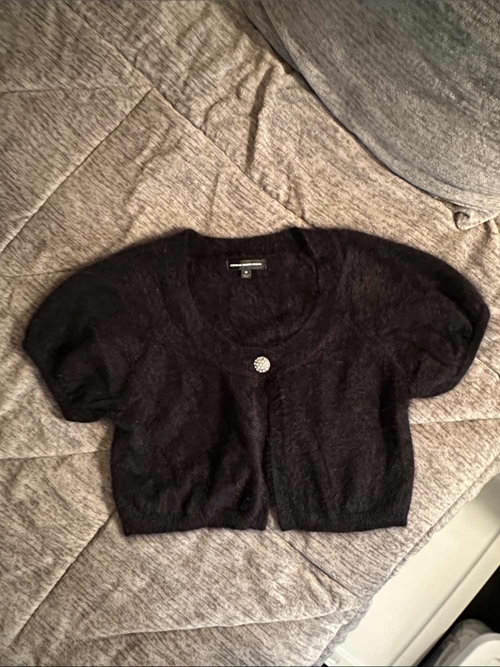 Express Black Cropped Short-Sleeve Sweater Cardigan with Decorative Button